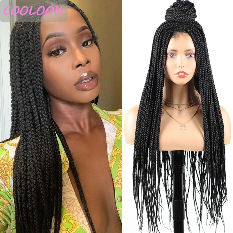 30   Long Natural Black Box Braids Lace Front Wigs for Afro Women Synthetic Box Braided Lace Wigs with Baby Hair Peruca Cosplay