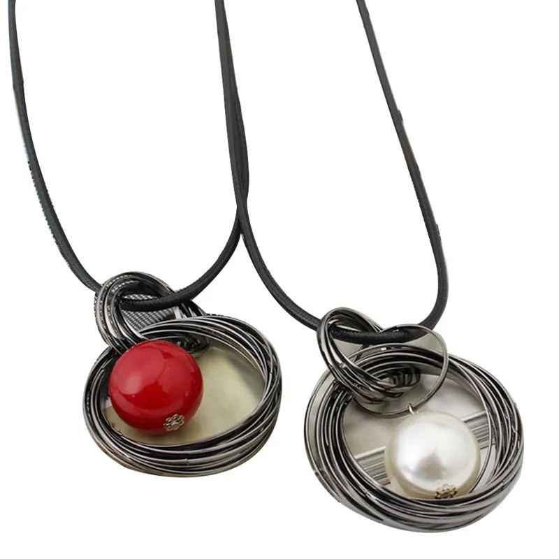 Модный Круг красный белый искусственный жемчуг подвеска длинная цепочка Женское