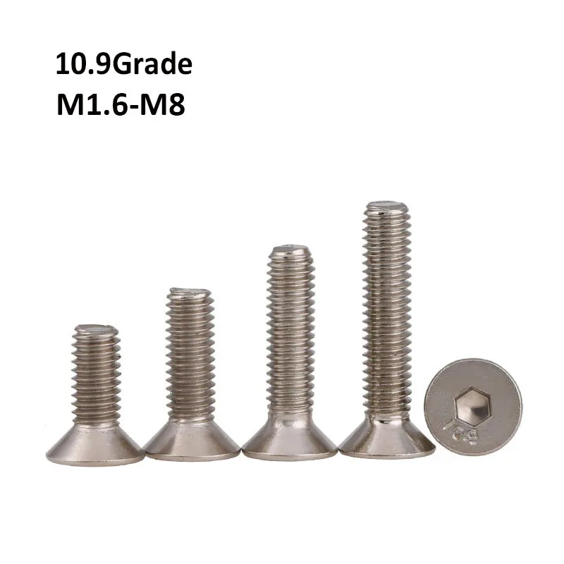 

Ni-plated Grade 10.9 Carbon Steel Hex Hexagon Socket Countersunk Head Screws Flat Head Screw Bolts DIN7991 M1.6 M2 M2.5 M3-M8