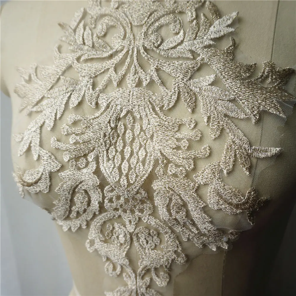 Кружево из золотых нитей Цветочная вышивка свадебное платье аппликация барокко