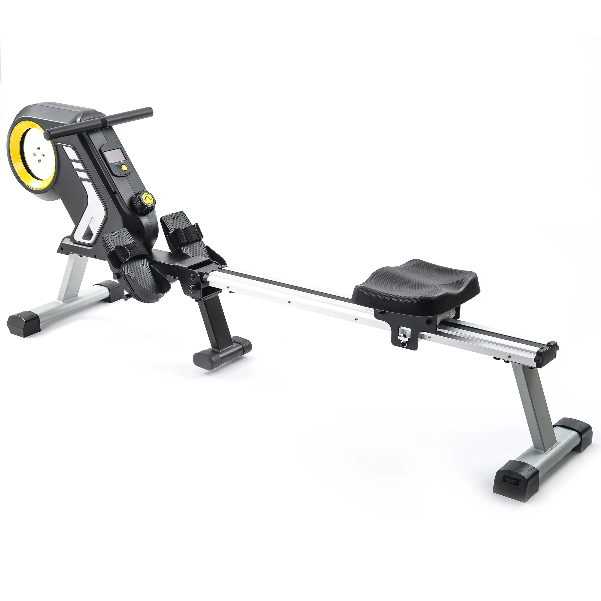 Magnetic Resistance Rowing Machine with Foldable Design, 8-Level Adjustable Resistance, Transport Wheels, Black & Yellow (New)