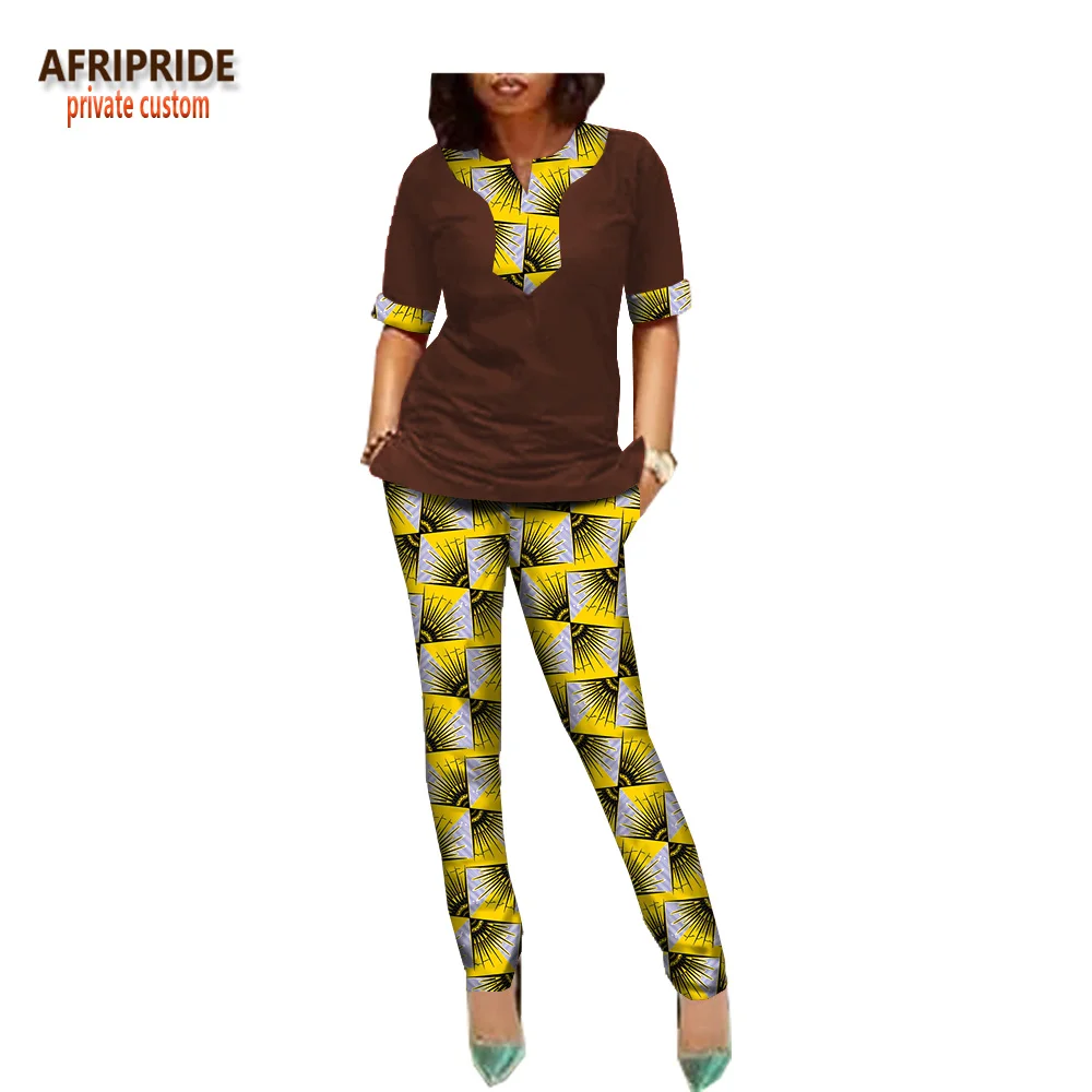 Afripride, африканские брюки, костюм для женщин, сделанный на заказ, половина рукава, блузка+ длинные узкие брюки, Женский Повседневный хлопковый костюм A1826005