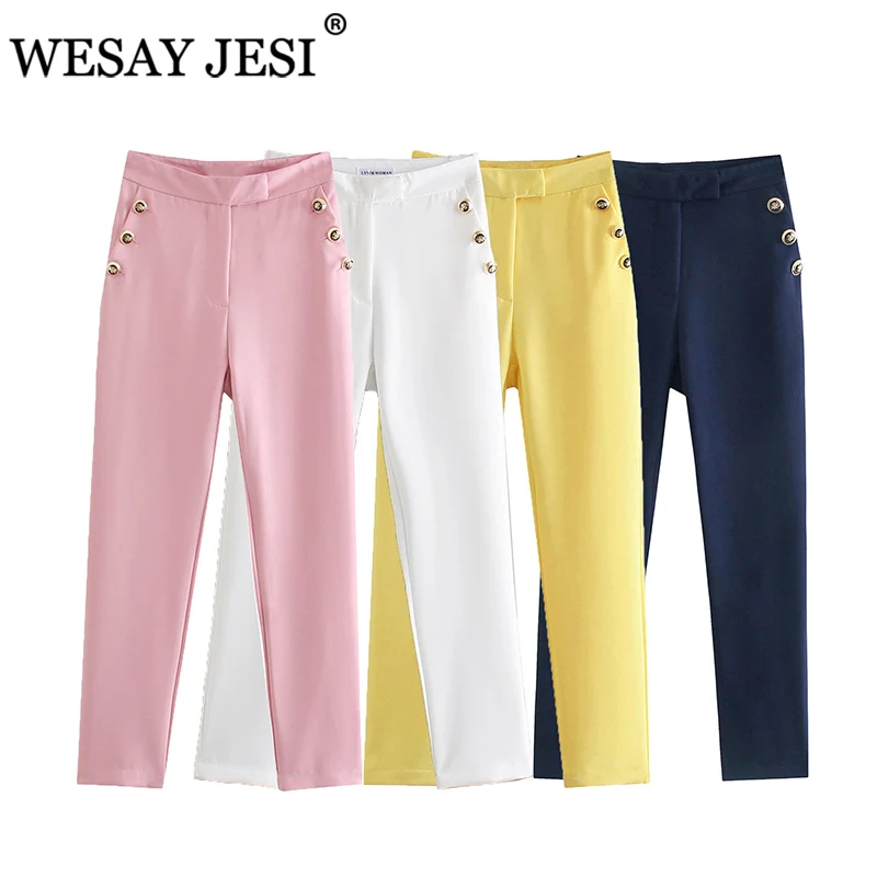 

WESAY JESI Women Pants TRAF ZA Fashion Buttons High Waist Pant Ladies Solid Straight Ankle-Length Trousers Streetwear Female