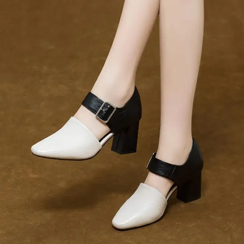 

Lady Fashion Sweet White Pu Leather Buckle Strap Heel Shoes Women Casual Brown Round Toe Cool Shoes Sapatos Femininas F9304