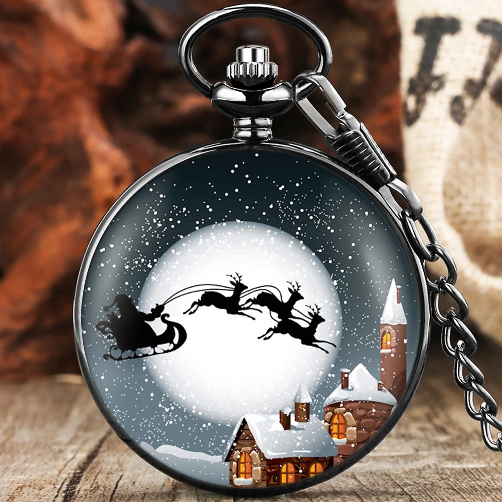

Exquisite Christmas Theme Case Design Quartz Pocket Watch Pendant Necklace Chain Gifts for Family