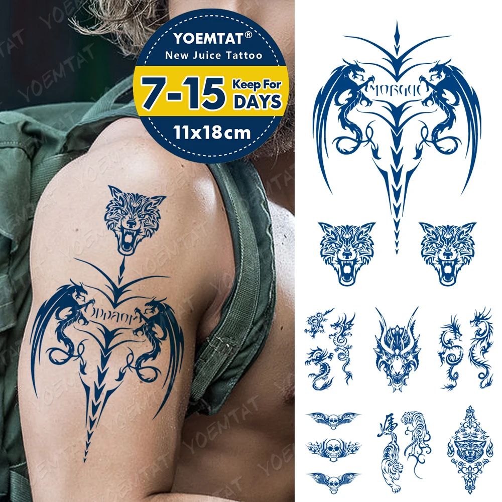 

Juice Lasting Waterproof Temporary Tattoo Sticker Axe Dragon Tiger Tribal Totem Flash Tatoo Male Skull Body Art Fake Tatto Women