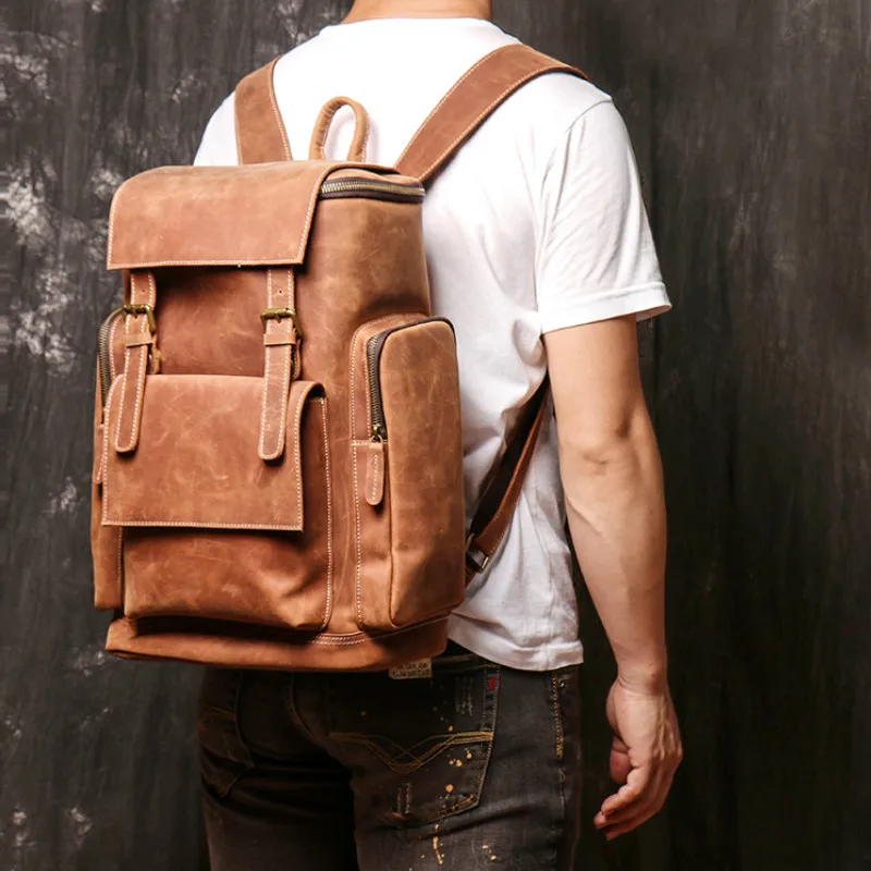 

Рюкзак мужской из натуральной кожи, Вместительная дорожная сумка для ноутбука и компьютера, ранец из кожи Крейзи Хорс для мальчиков