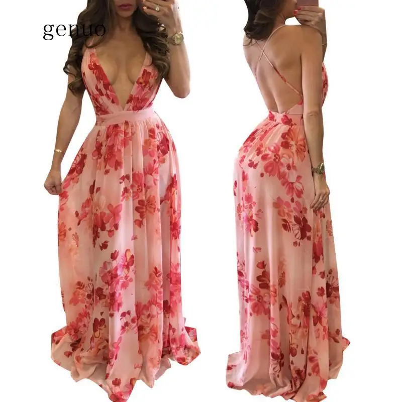 Платье женское длинное с цветочным принтом свободное пляжное макси платье