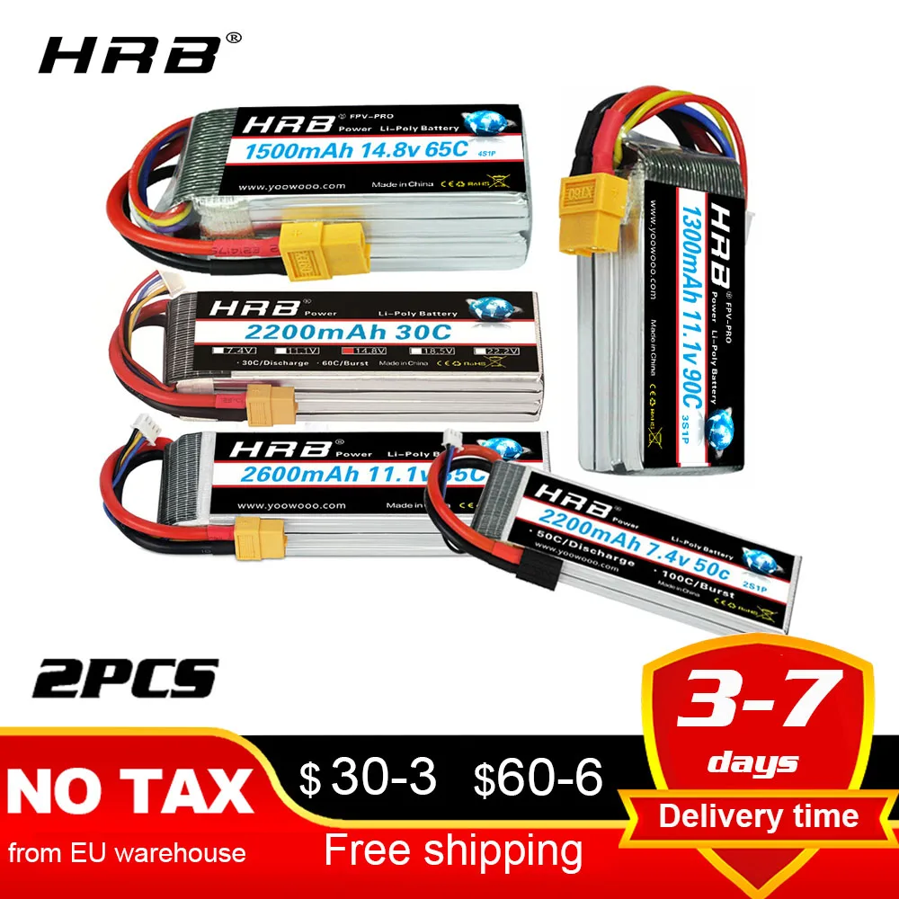 Bater&iacute;a de Lipo HRB 3S 4S, 11,1 v, 14,8 v, 1300mah, 1500mah, 1800mah, 2200mah, 3000mah, enchufe XT60 T para Losi, coche, cami&oacute;n, Dron, Fpv, barco, 2 paquetes-0