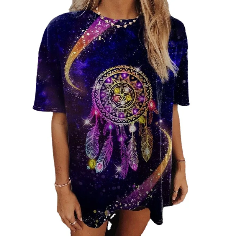 

Harajuku T-shirt Summer Woman Casual Loose Graphic Gothic Dreamcatcher Tie Dye Print Short Sleeve O Neck Clothes Shirts Tee Tops