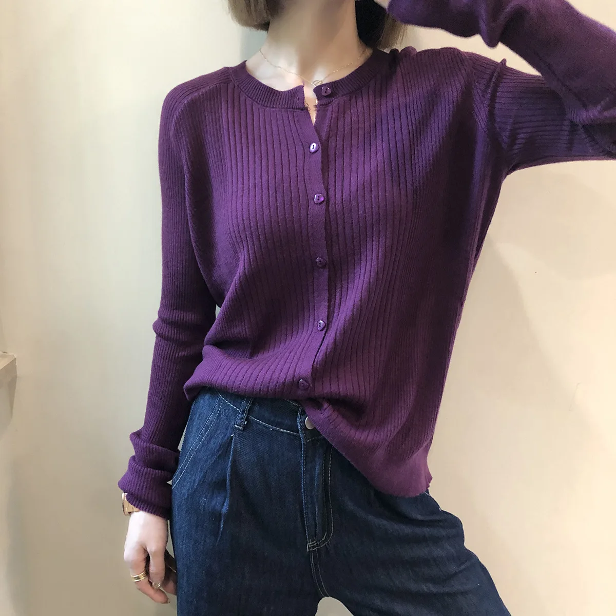 

Женский кардиган с круглым вырезом, Новинка осени 2020, корейский стиль, тонкий вязаный свитер, женская одежда, повседневный однотонный цвет