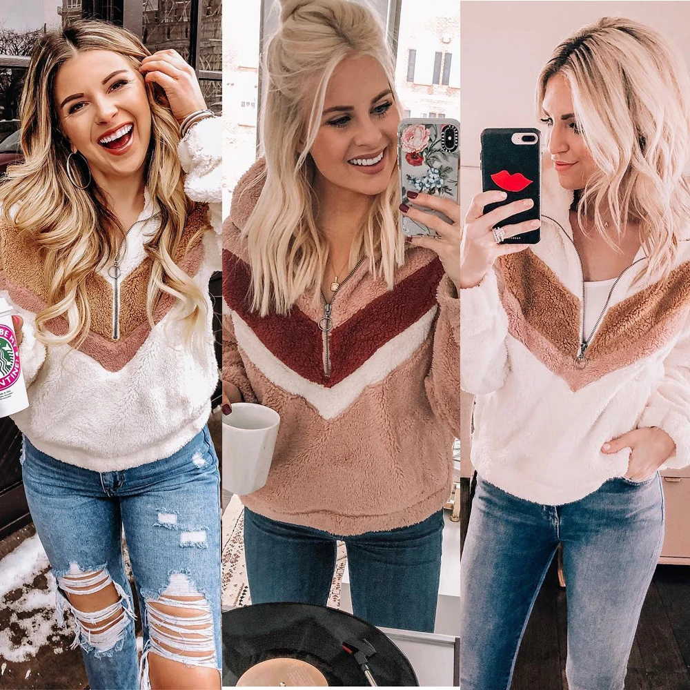Осенне-зимние женские теплые флисовые свитера пэтчворк с плюшевым мишкой верхняя одежда на молнии пальто Джемпер Топ пуловер мягкое Женское пальто