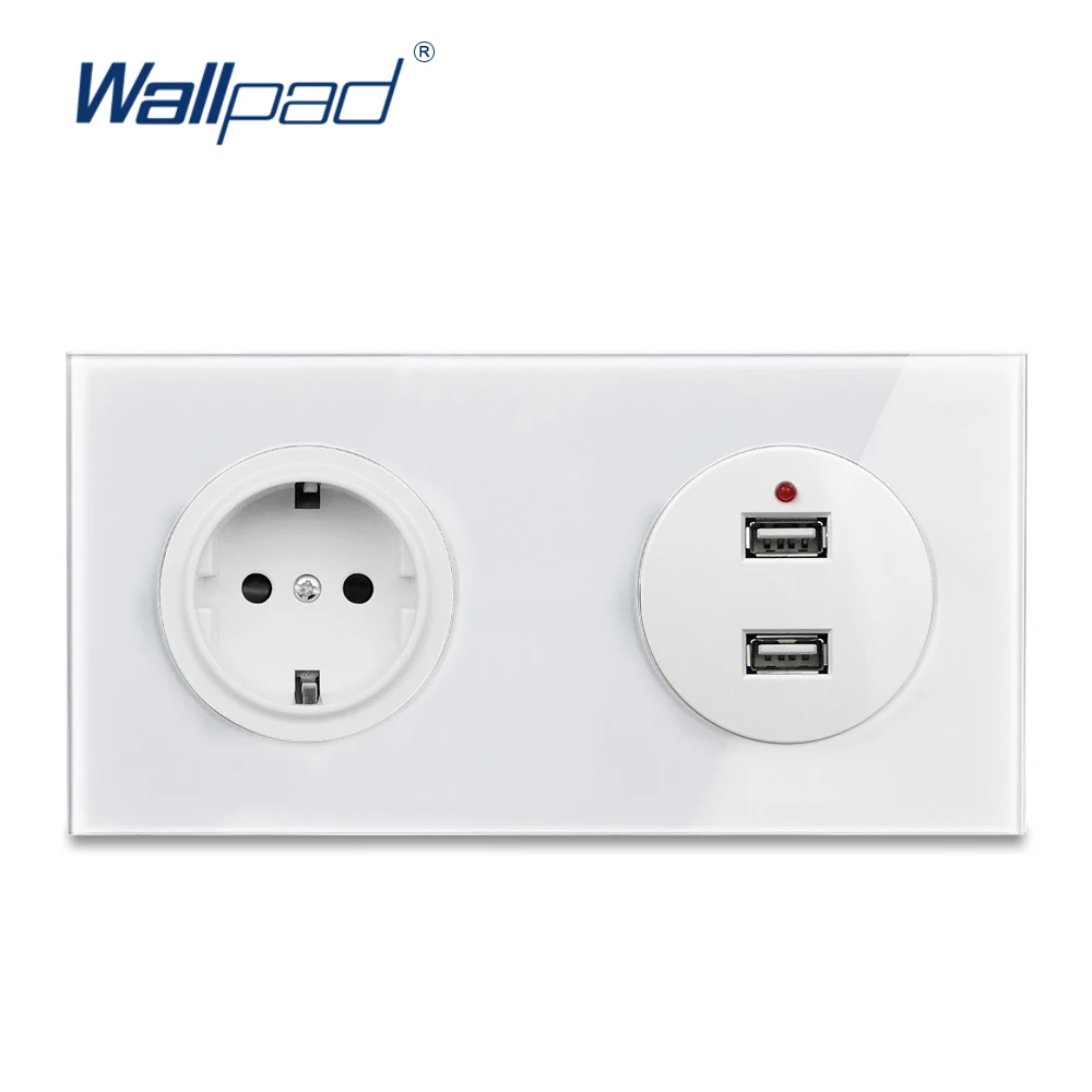 Настенная розетка Wallpad L6 EU с 2 портами USB для зарядки белая панель из закаленного