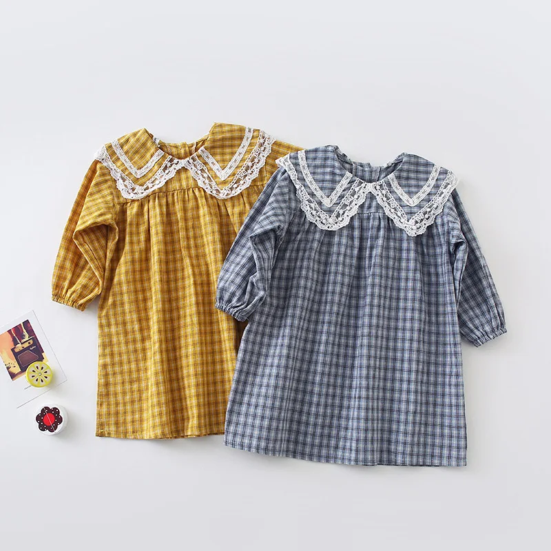 Baby Girls Plaid Dress Korean Style Autumn New Chic Children Princess Dresses Lace Collar Robe Toddlers Kids Clothes