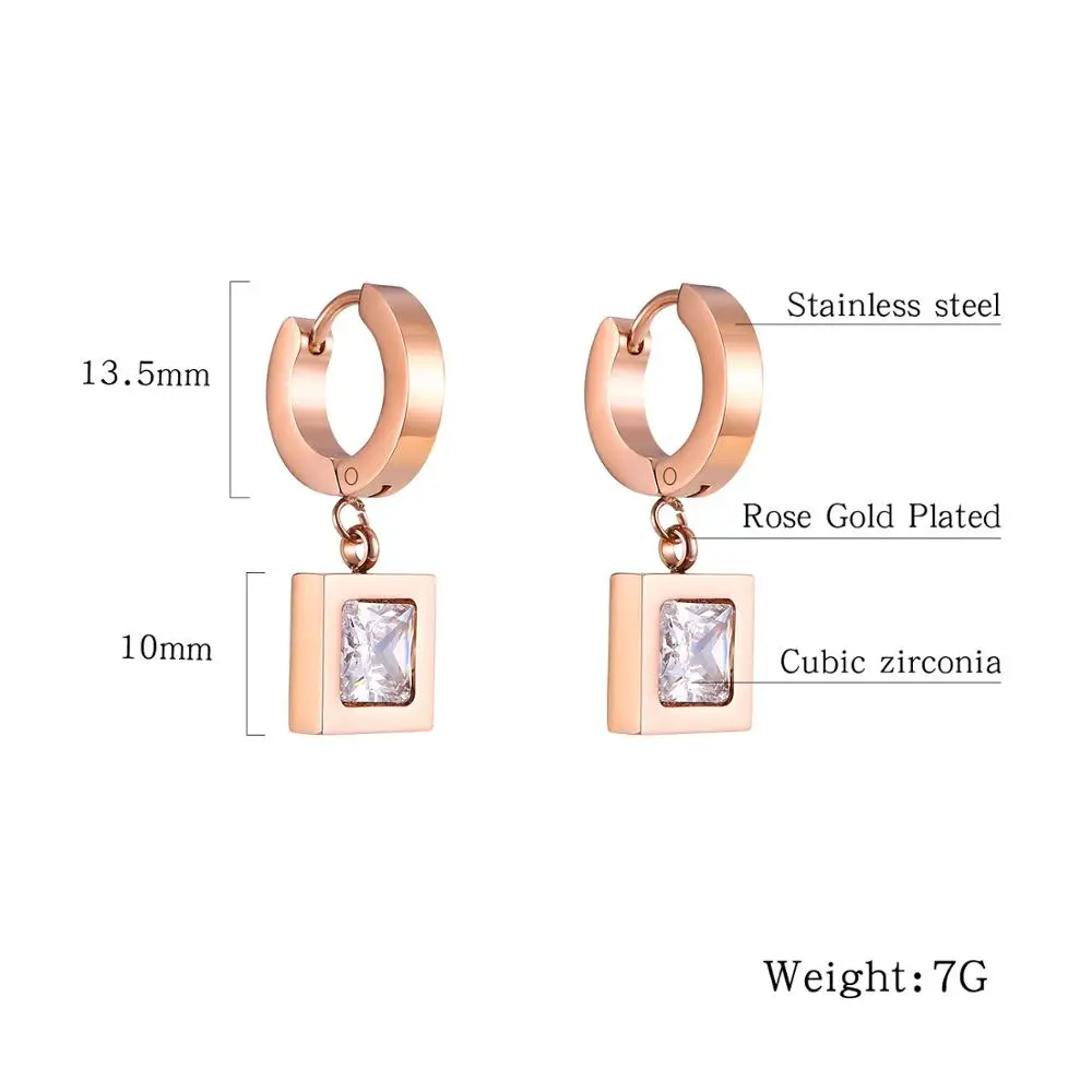 Rose Gold Color Square inlay CZ Hoop Earrings For Women Stainless Steel Ear Jewelry Gift Drop Shipping | Украшения и аксессуары
