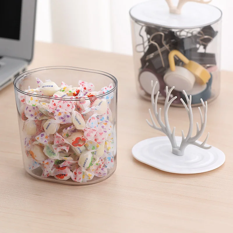 

Desktop Storage Box with Antler Shape Lid Cotton Swab Container Transparent Makeup Cotton Pad Organizer Household B88