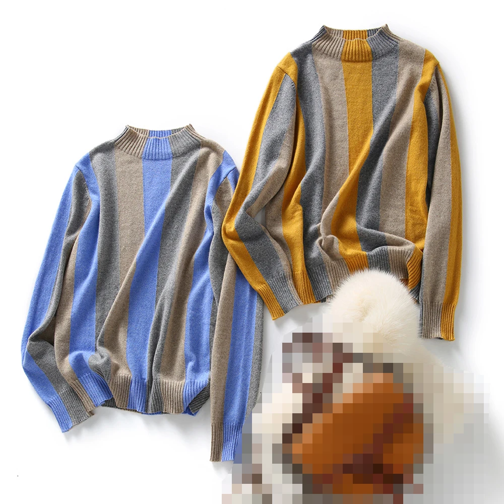 

Vertical striped sweater women's semi-high-neck knitted bottoms autumn and winter new air Korean sweater loose yellow top