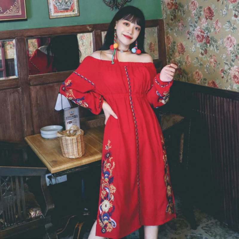 

Autumn 2021 New Women's Dress Southeast Asia Travel Vacation Retro Ethnic Style Embroidered One Word Neck Beach Wind Long Dress