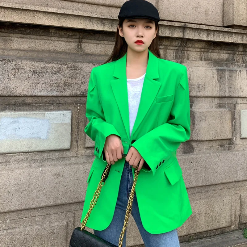 

Женский пиджак с длинным рукавом, Зеленый свободный пиджак в Корейском стиле, весна-осень 2021