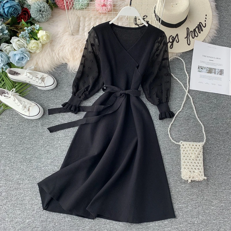 Женское трикотажное платье свитер элегантное шифоновое облегающее с длинным