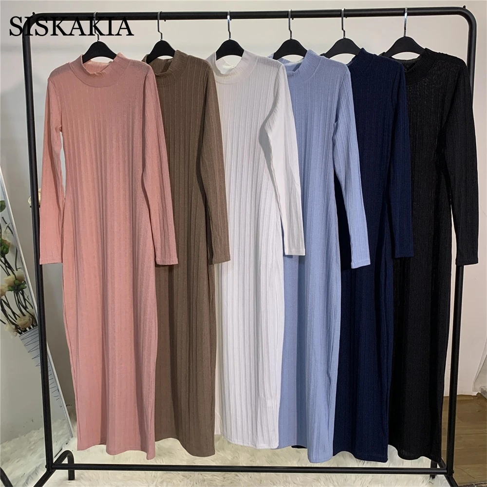 

Siskakia Elastic Knitted Maxi Base Dresses for Women Autumn Winter 2020 Solid Turtleneck Long Sleeve Bodycon Pencil Dress Long