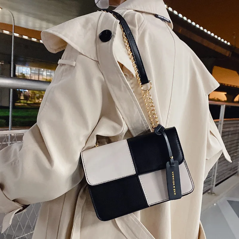 

Дизайнерская Брендовая женская сумка, модный мессенджер контрастных цветов на цепочке, маленькая квадратная дорожная сумочка