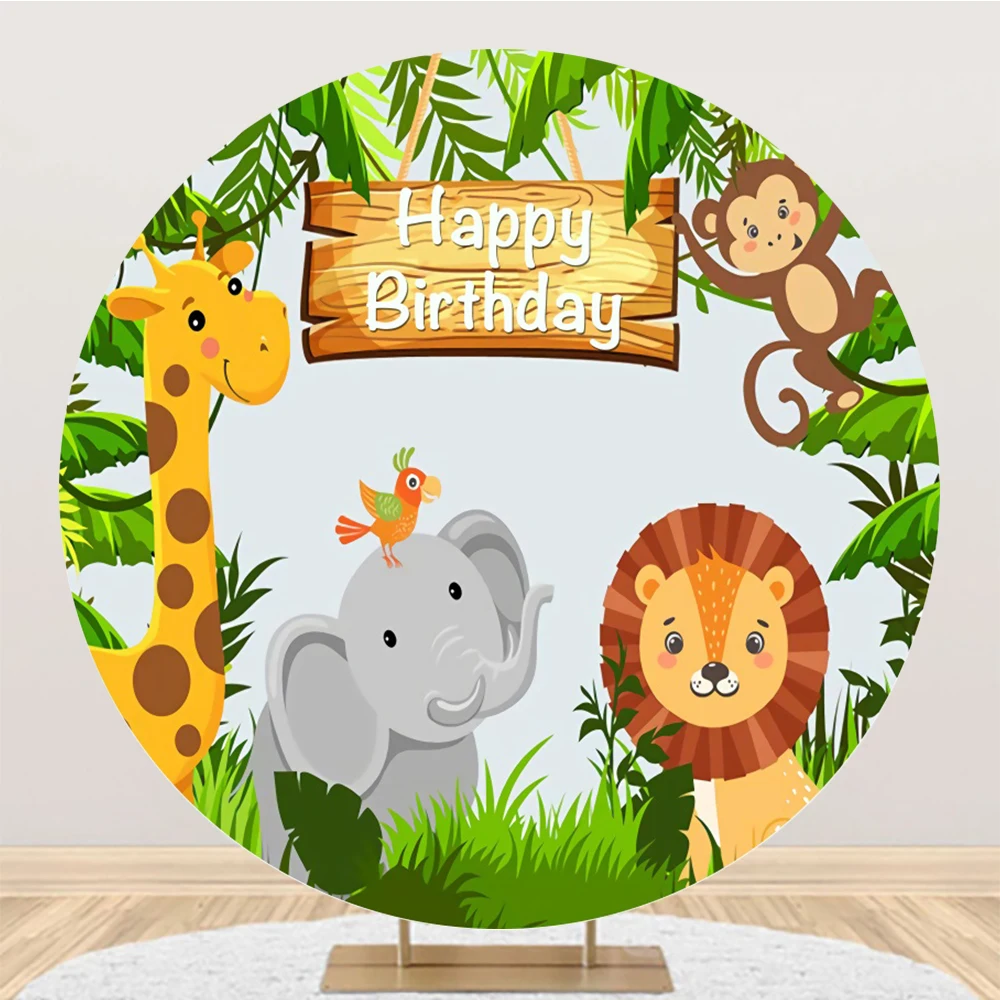 

Laeacco Baby Cartoon Jungle Safari Birthday Party Banner Child Portrait Circle Round Backdrops Photo Background For Photo Studio