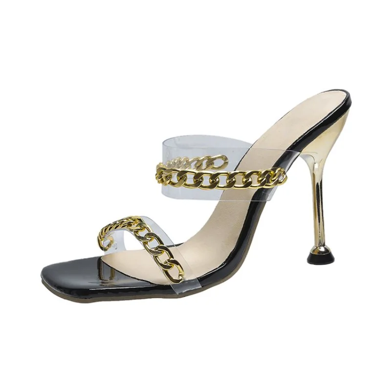 

New Fashion Chain Design PVC Transparent Strap Women Slippers Summer Square Toe Sandals Stiletto Heels Party Ladies Shoes 2021