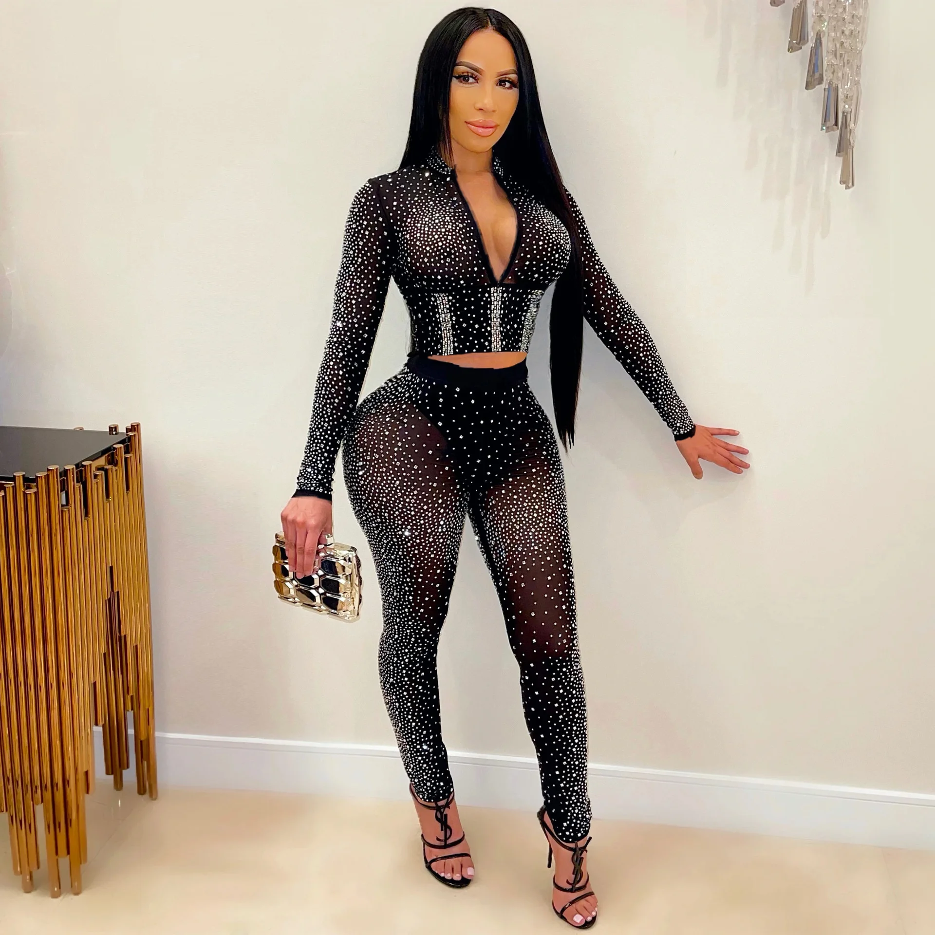 

2021 Autumn Women Fashion Sexy Mesh Perspective Nightclub Long Sleeve Trouser Suit Set Diamond Party Clothes Girl Female Rompers