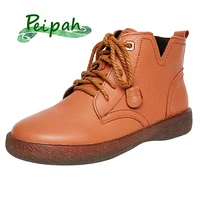 peipah springautumn womens genuine leather shoes woman ankle boots female flat with platform boots lace up causal botas mujer