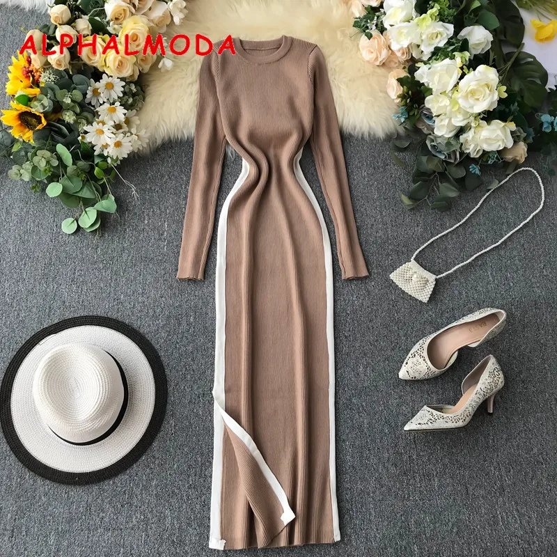 Женское трикотажное платье ALPHALMODA винтажное миди-платье с длинными рукавами в