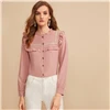 SHEIN розовая вышитая лента панель с рюшами отделка пуговица спереди милая блузка рубашка женские топы осень длинный рукав элегантные блузки
