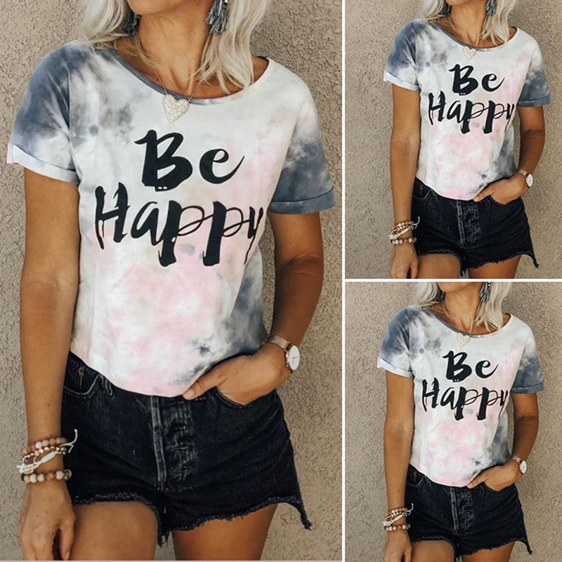 

Женская летняя футболка с буквенным принтом Be Happy, Повседневная белая футболка с круглым вырезом и коротким рукавом