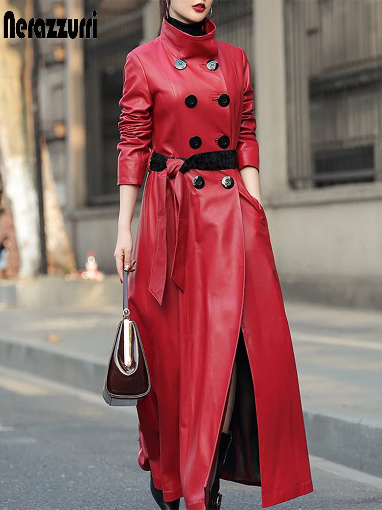 Nerazzurri Autumn Maxi skirted leather trench coat for women Long Sleeve Double Breasted Elegant Luxury womens fall fashion 2021