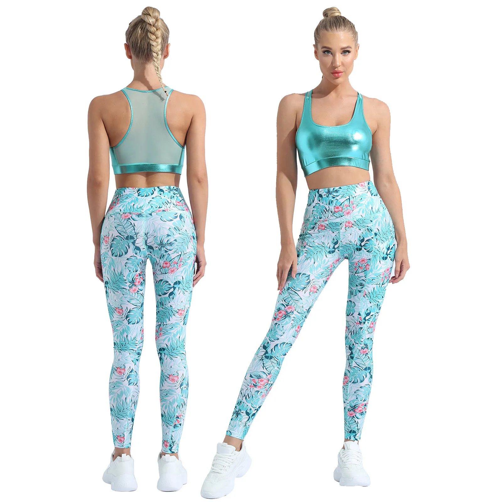 

Women Summer Clothes Set Sleeveless Mesh Racer Back without Padded Crop Top with High Waist Leggings Pattern Print Sport Suit