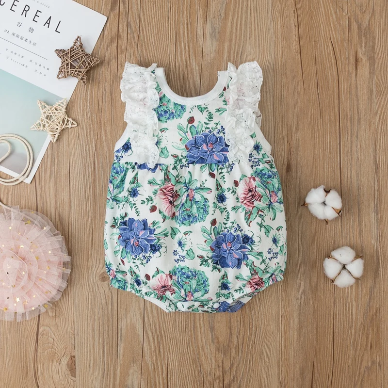 

Детский летний кружевной комбинезон с коротким рукавом и цветочным принтом