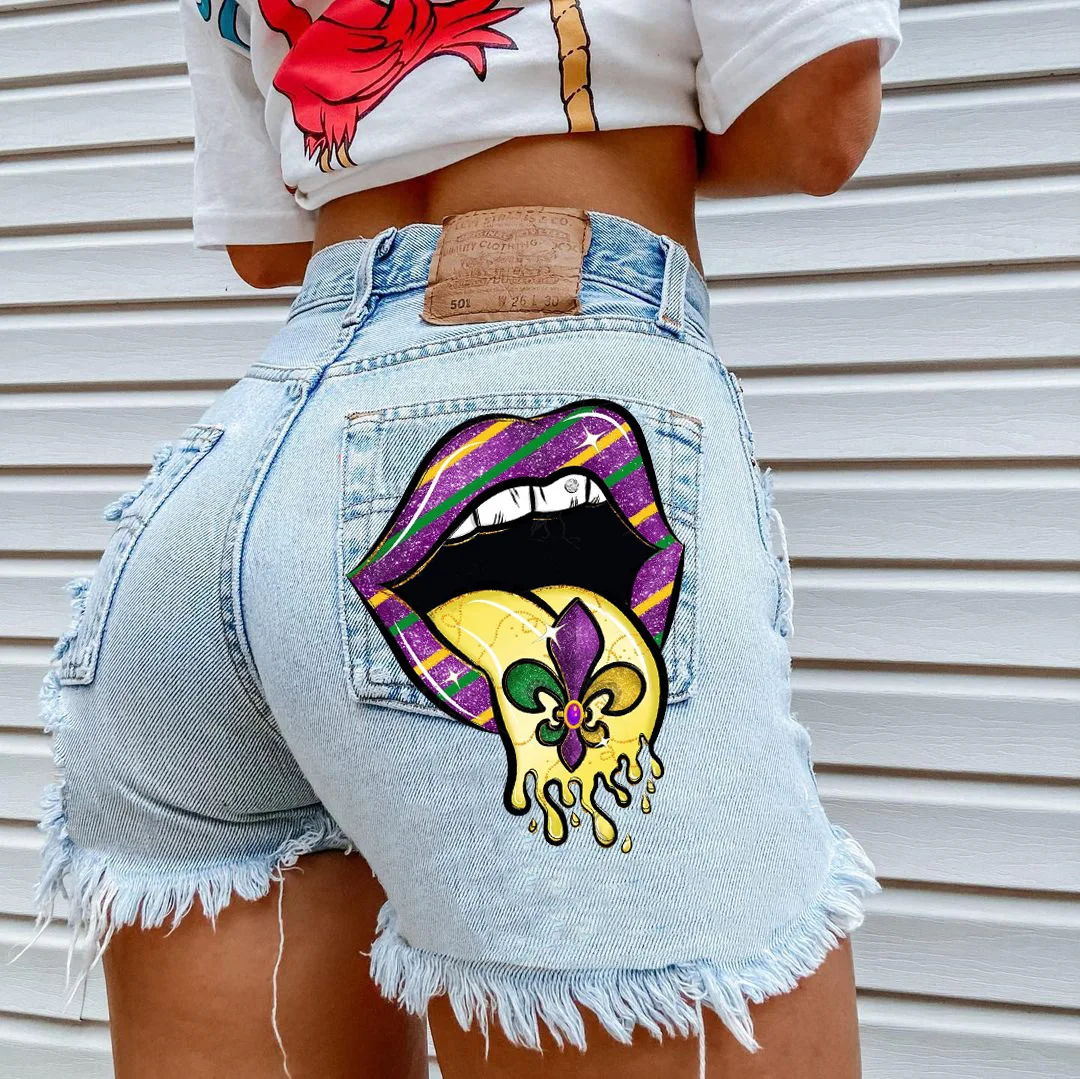 

Women's Ripped Denim Shorts, Big Tongue Print Pattern, Nightclub, Hot, New, Wholesale