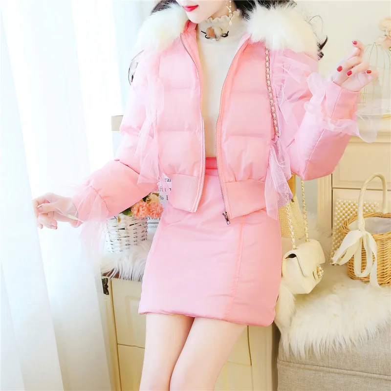 Женский хлопковый костюм SWEETXUE юбка с капюшоном и меховым воротником мини комплект из 2 предметов в стиле