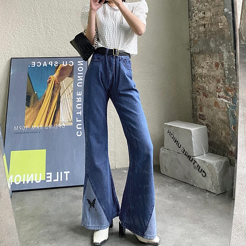 

Street Trendsetters Butterfly Printed Splicing Women Jeans Fashion Slim Long Cowboy Pants High Waist Falling Feeling Flare Jeans