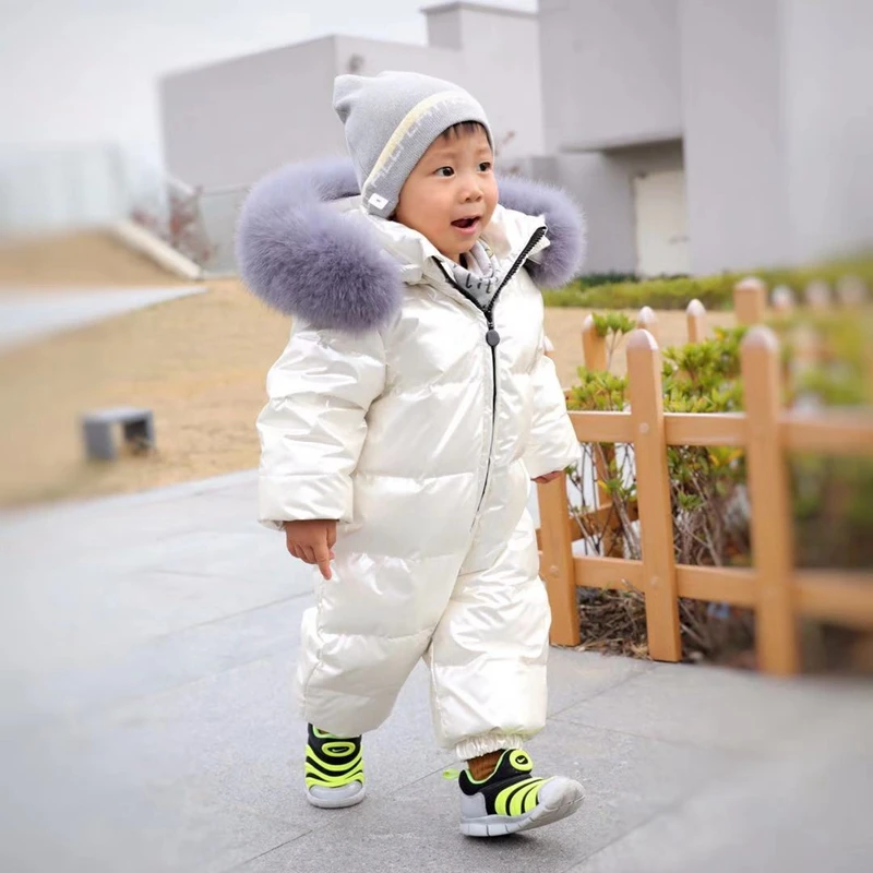 -30 Degree Large Real Fur Collar Kids Baby Snowsuit with Belt Thick Warm Down Jackets Waterproof Hooded Infant Romper