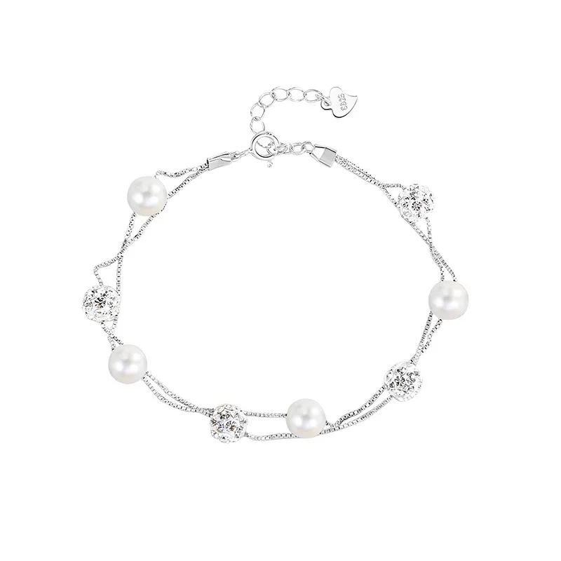 

Real Pearl Bracelet For Women S925 Sterling Silver Zircon Double-Layered Wrist Jewelry 2021 Female Bijouterie Accessories