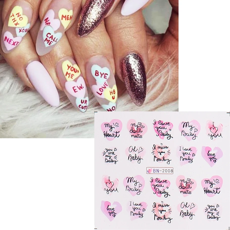 Валентина любовное письмо наклейки для ногтей Paris Heart Kiss Water Slider Nail Art Decoracion