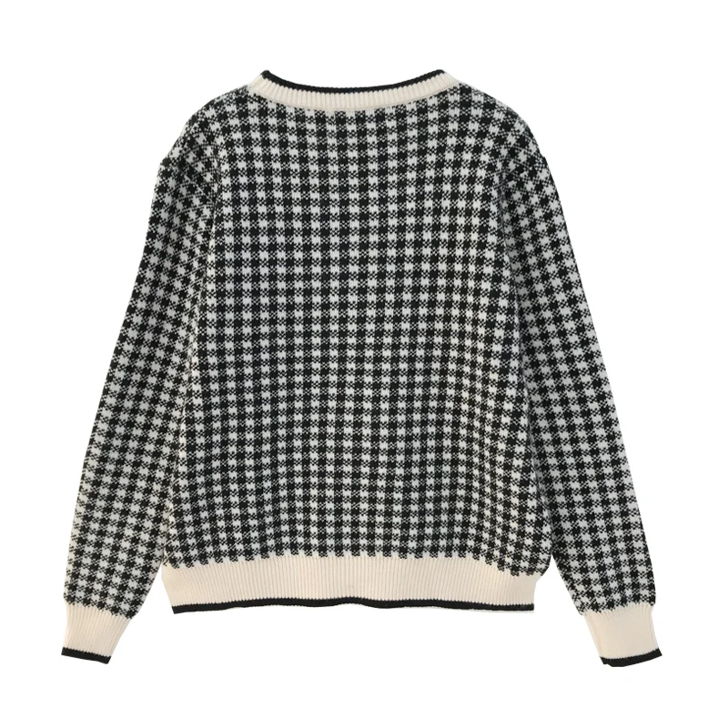 

New Loose Black Jumper Elegant Chic Female Sungtin Houndstooth Knitted Sweater Women Vintage Casual O Neck Wram Plaid Pullovers