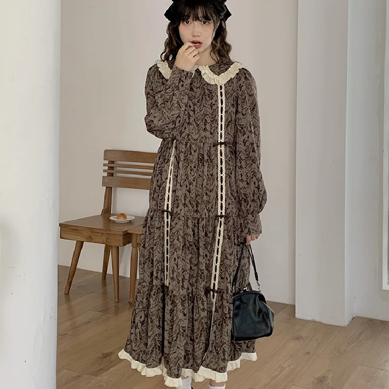 

Платье в готическом стиле Лолиты, платье ручной работы с лентой и кукольным воротником с рисунком чернилами и длинным рукавом, весна-осень ...