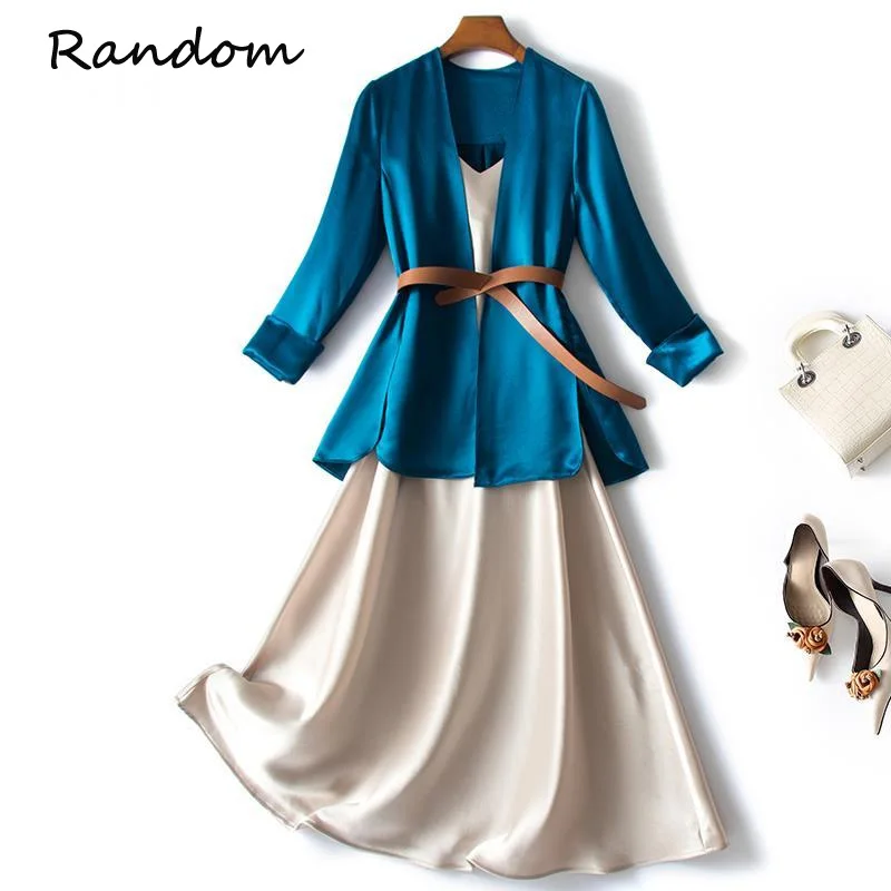 Женское осеннее офисное ацетатное атласное платье костюм куртка топ и сарафан