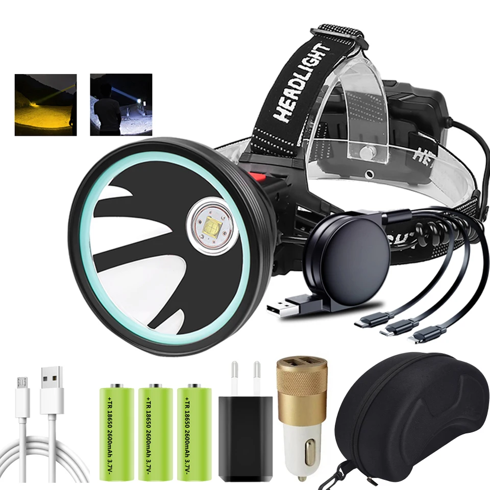 

Xhp90.2 White Yellow Color Led Headlamp Headlight Head Lamp Flashlight Torch 32W XHP50 3* 18650 Battery Power Bank 7800mah Light