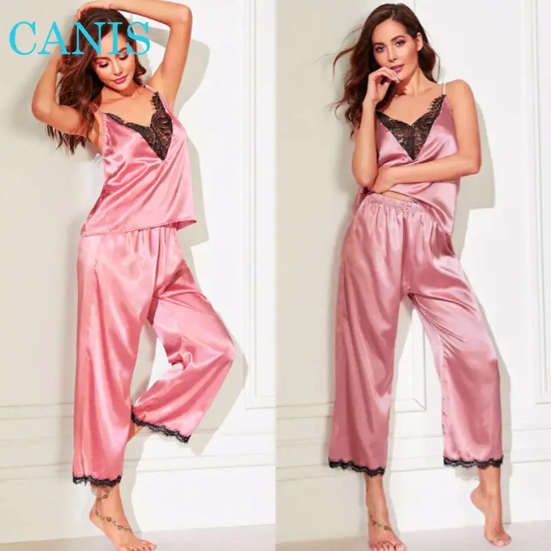 Sexy Women Satin Silk Sleepwear Lace V Neck Top + Long Pants Pyjamas Nightgown Two-piece V-neck pajamas |