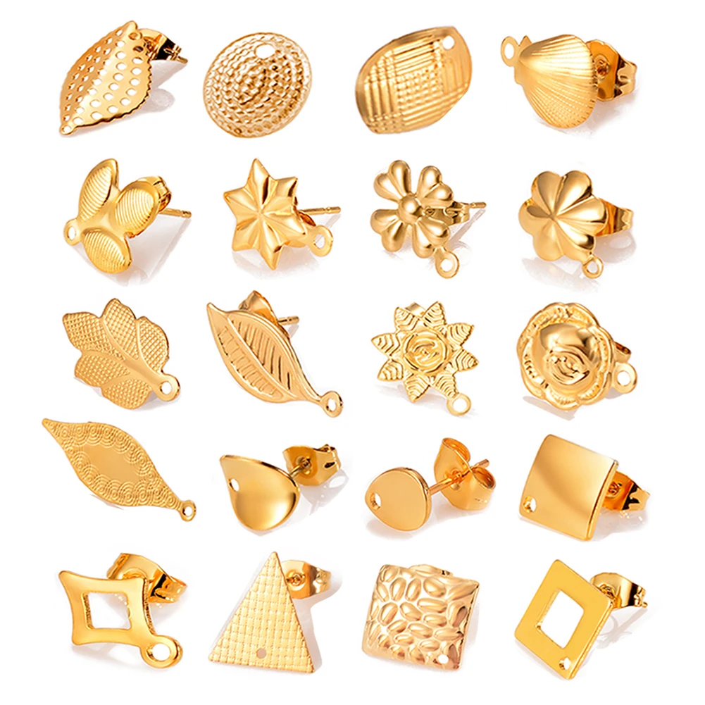 

10pcs Stainless Steel Gold Earring Stud Flowers Geometric Round Earrings Base Connectors Linker For Jewelry Making Accessories