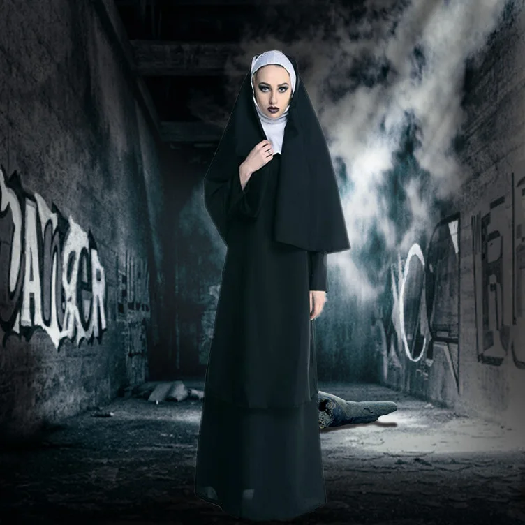 Хэллоуин Девы Марии Нун Косплей Костюм женский сексуальный Черный халат костюм