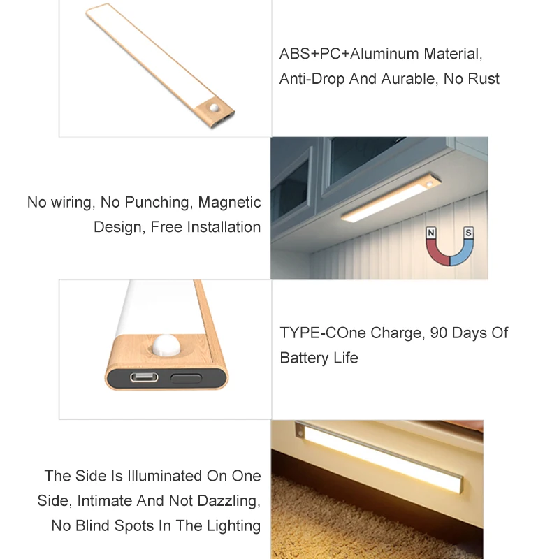 wood grain ultra thin led motion sensor under cabinet lights type c usb charging night lamp for kitchen closet wardrobe corridor free global shipping